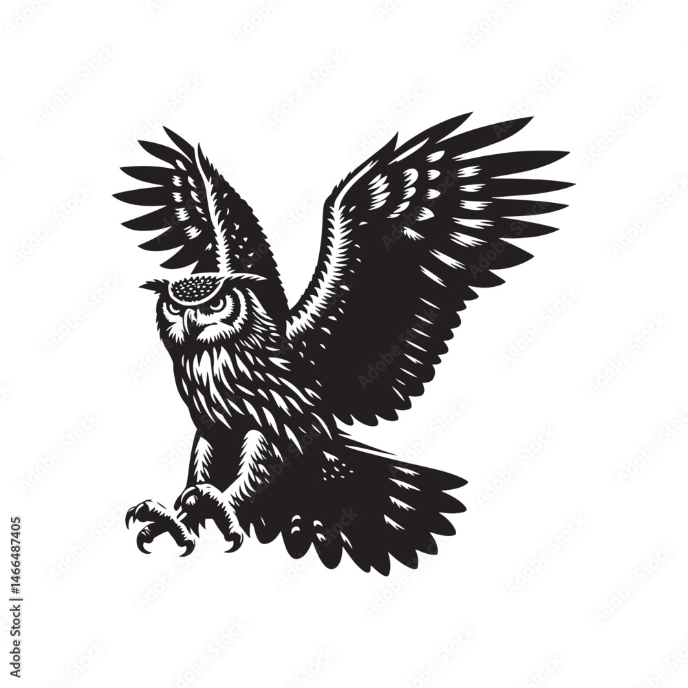 Obraz premium Majestic Eurasian Eagle Owl Bird Vector Silhouette – Powerful Predator, Nocturnal Hunter, and Symbol of Wisdom in Striking Minimalist Art - Eurasian Eagle Owl Bird Illustration.