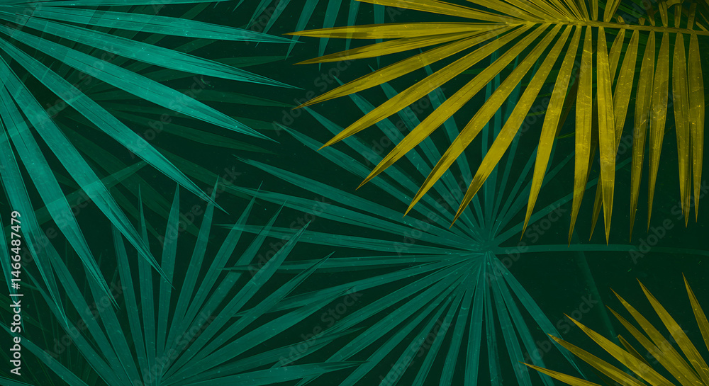 Lush Tropical Palm Leaves in Teal and Gold Hues Botanical Background Lush Tropical Palm Leaves in Teal and Gold Hues Botanical Background