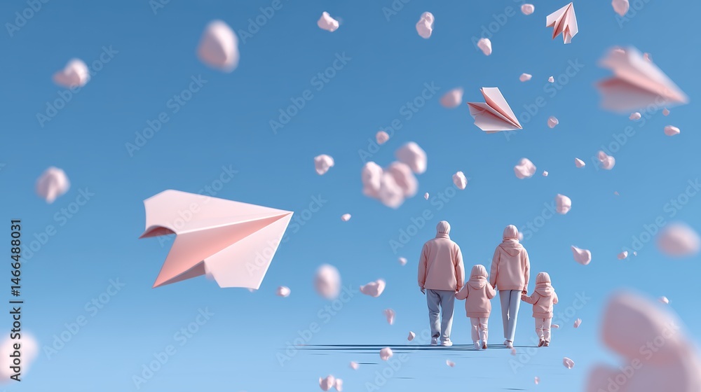 Fototapeta premium A family walks together under a sky filled with floating paper airplanes and soft clouds, symbolizing dreams and togetherness.