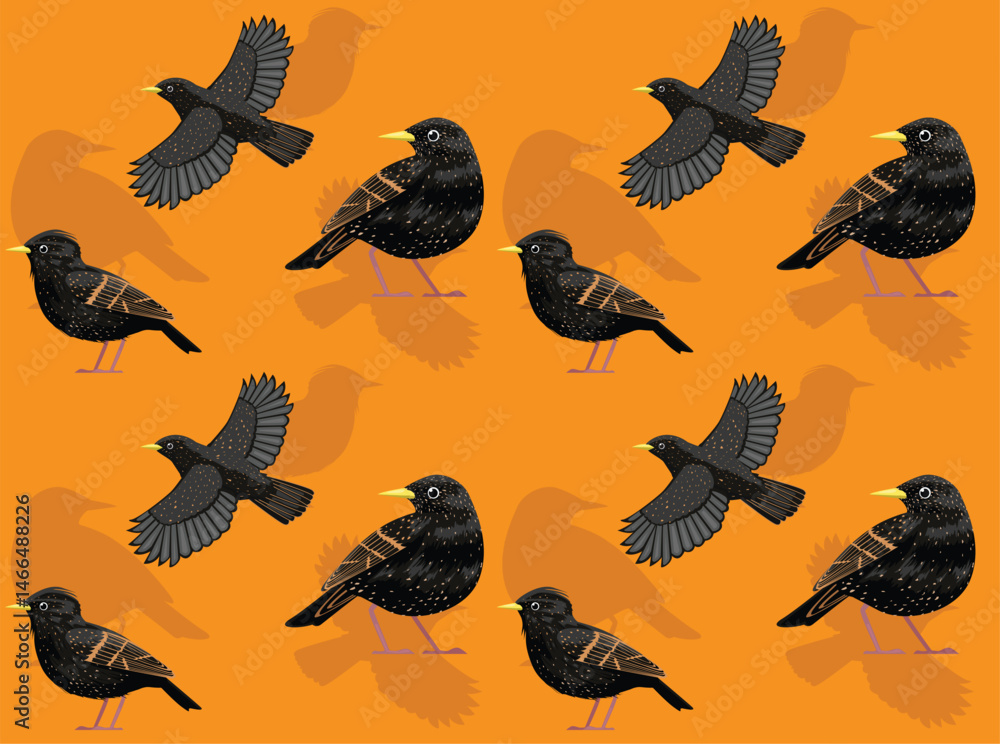 Fototapeta premium Bird Starling European Cartoon Character Seamless Wallpaper Background