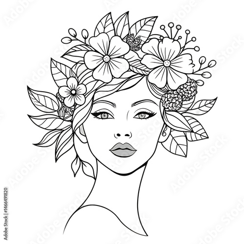 Floral Crown Woman: Line Art Illustration