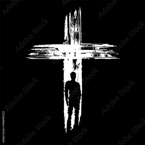 Silhouette of Jesus on a grunge cross. Creative christian t-shirt design with grunge stroke cross and Christ for youth hoodie or apparel. Vector illustration