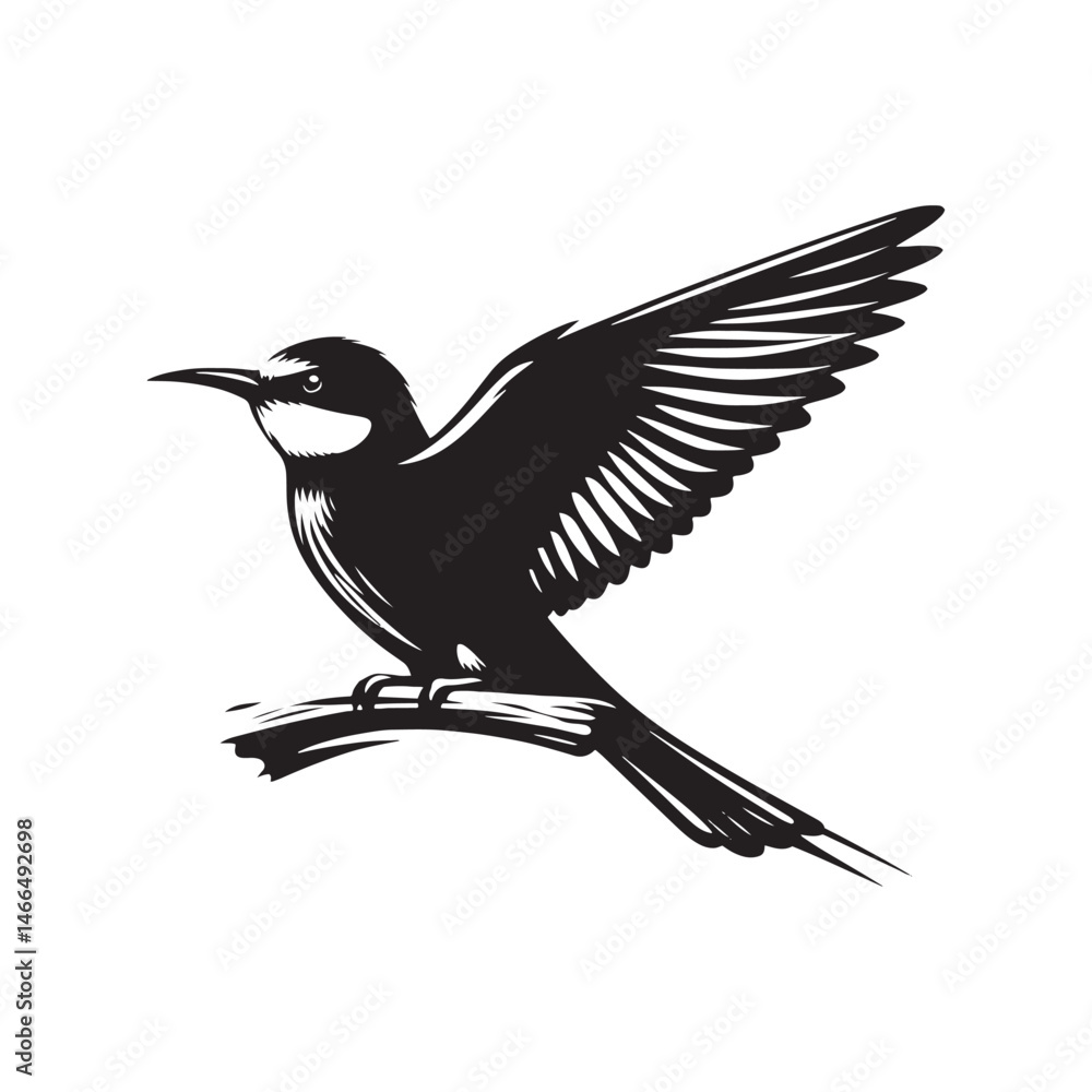 Obraz premium Vibrant European Bee-Eater Bird Vector Silhouette – Graceful Flight, Striking Plumage, and Insect-Hunting Precision Captured in Minimalist Art - Illustration of European Bee-Eater Bird.