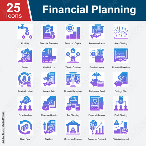 Financial Planning is a collection of icons covering essential aspects of personal and corporate finance, including budgeting, investment strategies, savings, risk management, and long-term wealth.