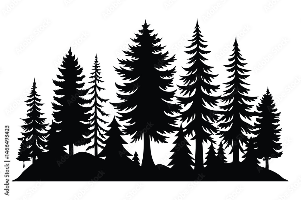 Obraz premium Coniferous forest featuring diverse pine trees stands boldly silhouetted against a stark white backdrop