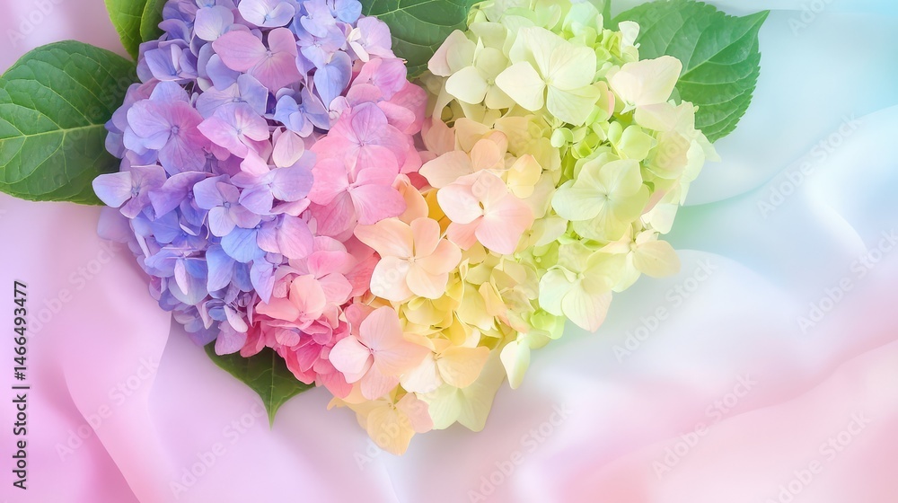 Obraz premium Flat lay of pastel hydrangea blossoms forming a heart shape on soft fabric background