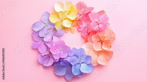 Pastel hydrangea petals arranged in a circular pattern on a soft pink background for floral art