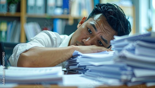 オフィスで書類の山を前に仕事に疲れた男性。AIで生成