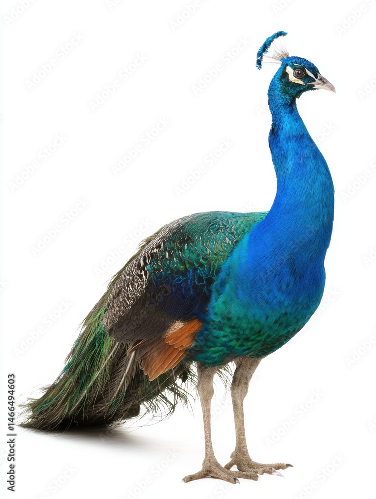 Naklejka premium Stunning peacock isolated on white background — perfect for luxury branding, educational materials, wildlife articles, or elegant decorative designs.