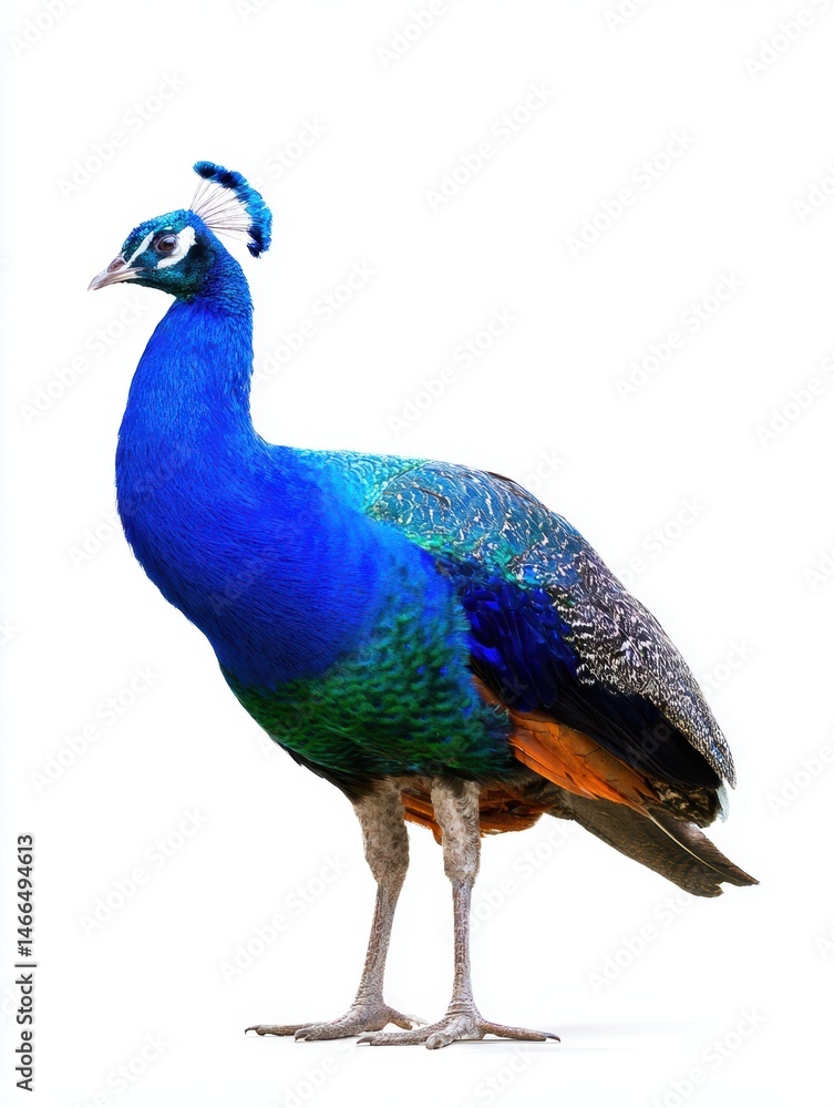 Fototapeta premium Stunning peacock isolated on white background — perfect for luxury branding, educational materials, wildlife articles, or elegant decorative designs.