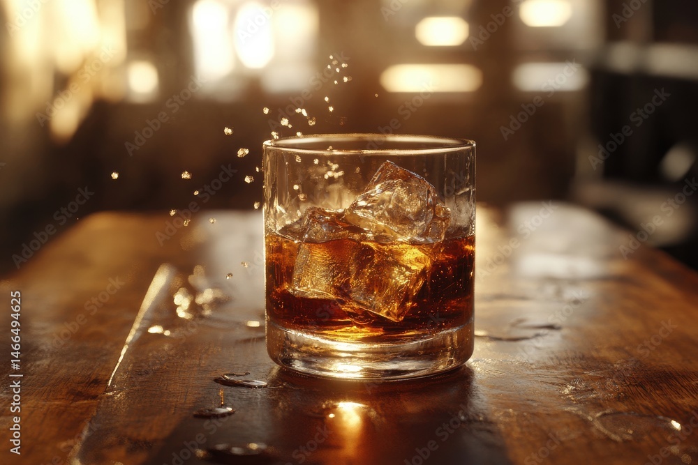 A glass of whiskey with ice cubes on a wooden table with splashes and a blurred background scene A glass of whiskey with ice cubes on a wooden table with splashes and a blurred background scene