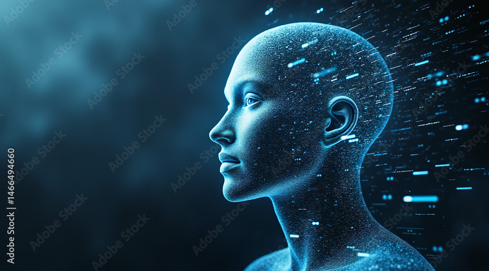 Obraz premium Futuristic Portrait of a Digital Human with Data Streams and Glowing Particles