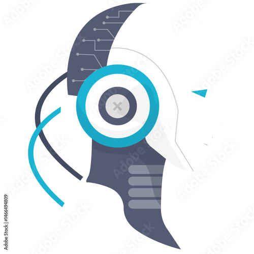 Robotics Element. Vector illustration of A minimalistic side view of a humanoid AI robot head with embedded circuits and headset. Isolated on background