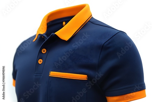 A close-up view of a navy blue polo shirt with bright orange accents. Bright and vivid image