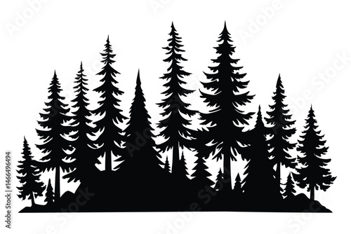 A monochrome forest silhouette showcases varying heights and shapes of evergreen trees standing tall