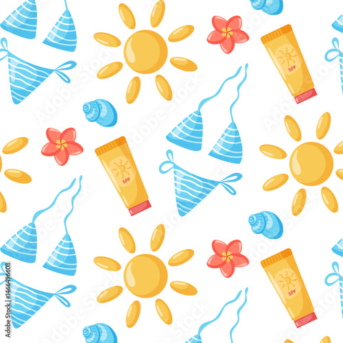 Summer time seamless pattern. Hello Summer Vector illustrations, summer vacation, beach elements, sun, seashells, starfish. bikini, sunscreen cream