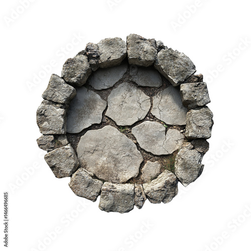 circular stone fire pit made of rough, irregular stones, featuring cracked surface and patches of grass. This rustic design adds natural touch to outdoor spaces, perfect for gatherings photo