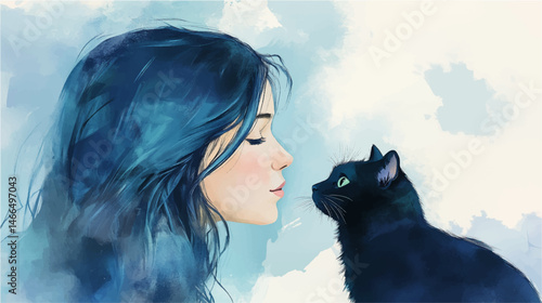 Vector illustration of Beautiful girl with black cat, watercolor paint.
