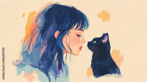Vector illustration of Beautiful girl with black cat, watercolor paint.
