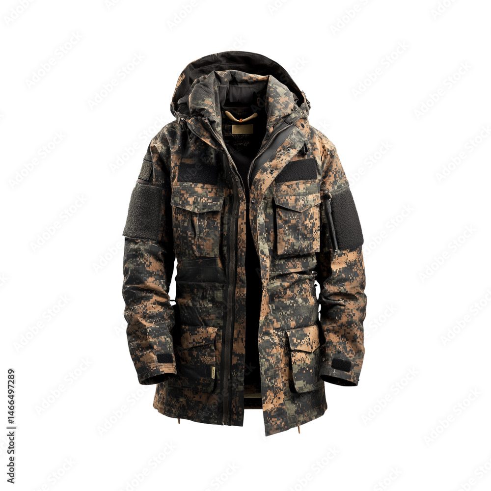 Stylish camouflage jacket designed for outdoor activities, featuring multiple pockets and hood for added protection. Perfect for adventure seekers and nature enthusiasts Stylish camouflage jacket designed for outdoor activities, featuring multiple pockets and hood for added protection. Perfect for adventure seekers and nature enthusiasts