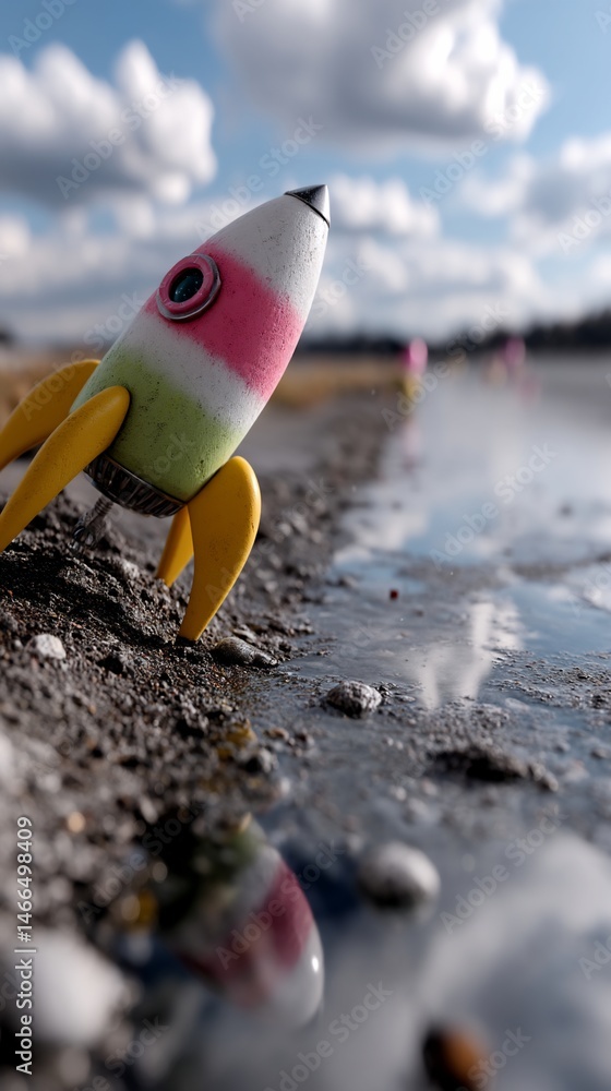Obraz premium Colorful rocket on the edge of a waterlogged beach