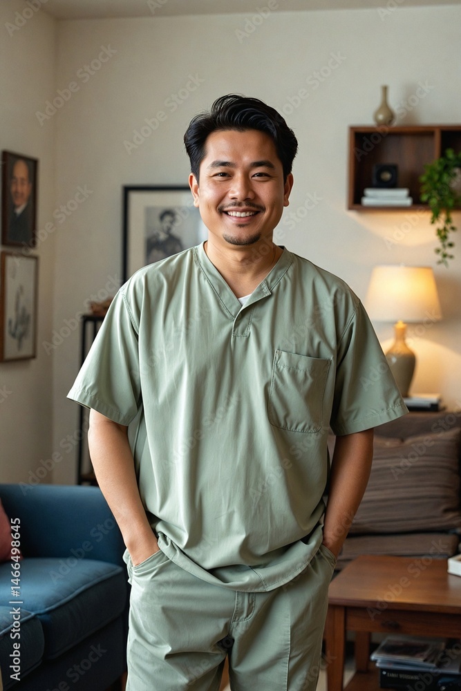 Fototapeta premium Kind Asian Male Home Health Aide with a Happy Smile in Neat Casual Wear: Providing Compassionate In-Home Support and Personal Care for Seniors and Individuals