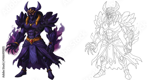 Demon King Illustration: A formidable demon king illustration with detailed armor and imposing presence, embodies power and darkness in an action fantasy artwork.