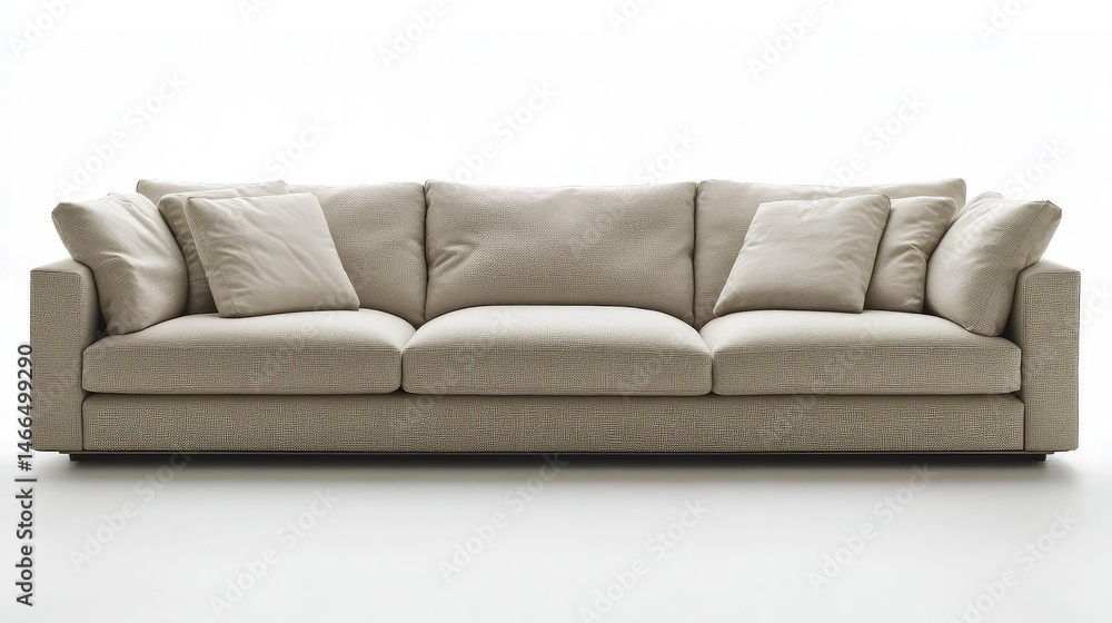 Obraz premium Slim-profile sofa placed symmetrically in a white-walled interior with soft shadows