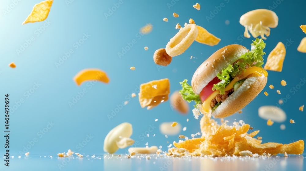 Fototapeta premium Variety of fast food favorites tossed haphazardly on clean blue background