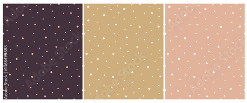 Cute Irregular Dotted Seamless Patterns. Childish Endless Print With Hand Drawn Brush Polka Dots Isolatded On A Dark Brown, Gold And Dusty Pink Background. Simple Dotted Wallpaper. 