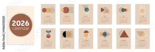 Abstract Geometrical Calendar 2026 Year. Calendar 2026 Year A4. Week Start from Sunday. Hand Drawn Vector Art.