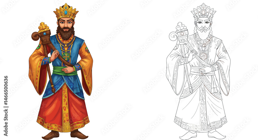 Obraz premium Regal Dignity: Illustrative image of a king adorned in a crown and royal attire, exuding an air of authority and historical importance.