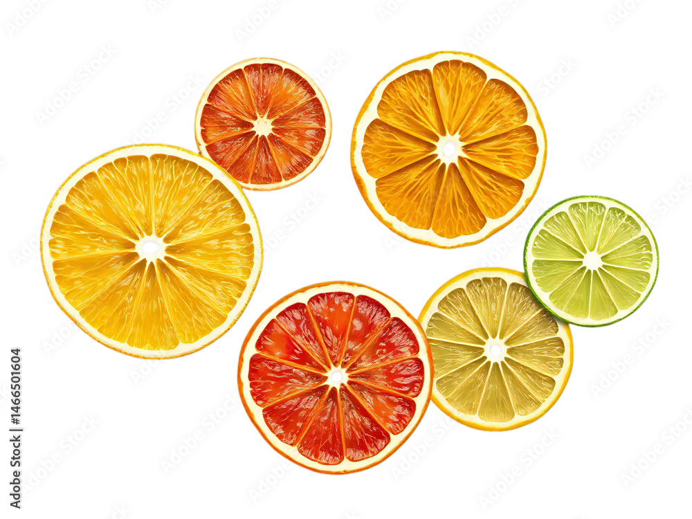 Fototapeta premium Dried and fresh citrus fruit wheel slices cutout isolated on transparent background, png