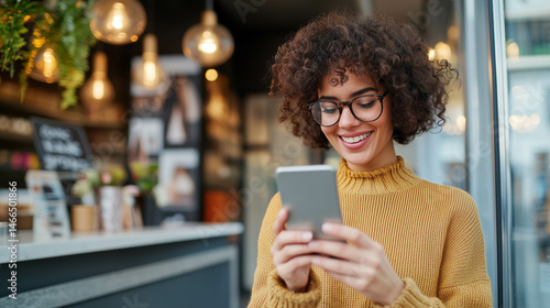 A woman using a smartphone to browse an online article, smiling and happy.