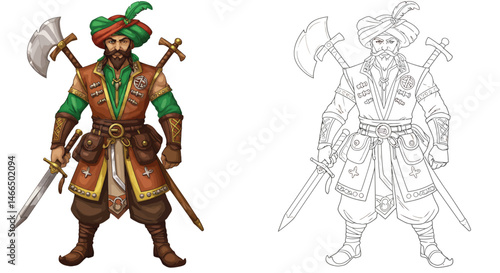 Warrior with Axe and Sword: A detailed drawing depicts a formidable warrior, adorned in traditional garb, wielding a sword and axe, showcasing strength and cultural heritage.