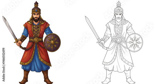 Warrior King: A noble warrior, clad in ornate attire, stands resolute with sword and shield, embodying courage and strength. In a complementary display.