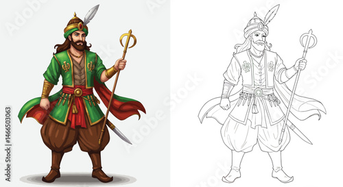 A Commander with Power in Hand: A vivid depiction of a regal commander, embodying strength and authority, stands tall. The figure, adorned in elaborate attire, holds a symbol of command.