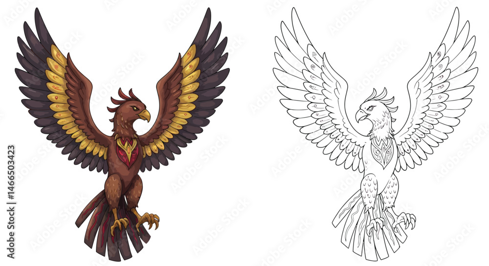 Obraz premium Majestic Gryphon: A stunning illustration showcases the gryphon, with detailed coloring and a line art version, this image perfectly captures the power and grace of the mythical creature.