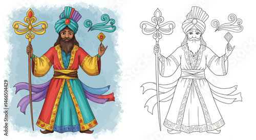 Mystical Sovereign: The illustration depicts a sovereign figure, emanating power and wisdom, in a vibrant, colorful garb, holding an ornate staff.
