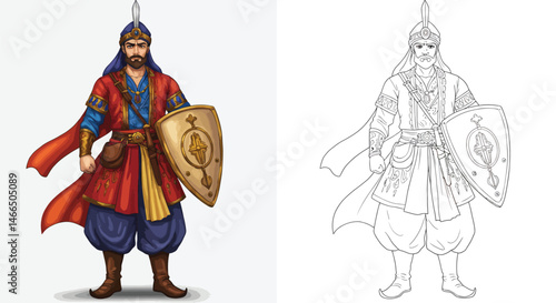 Ancient Warrior Illustration: A detailed illustration presents a valiant warrior, fully clad in historical attire, and a classic outline drawing ready for coloring.