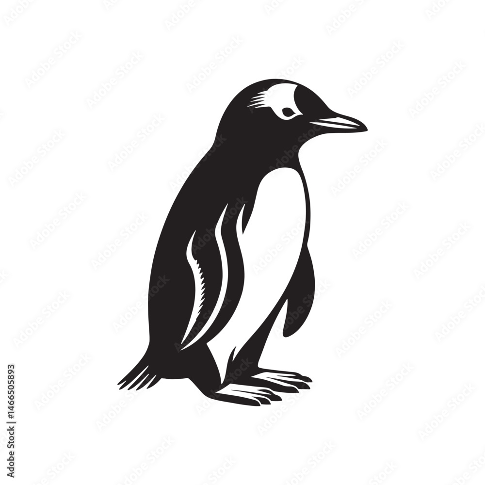 Naklejka premium Gentoo Penguin Vector Silhouette, Elegant Wildlife Illustration, Minimalist Animal Design, Black and White Penguin Outline, Nature Art.
