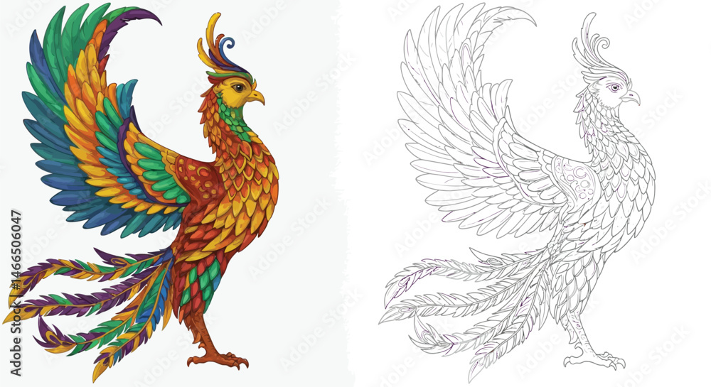 Fototapeta premium Mythical Phoenix Illustration: A stunning illustration of a vibrant phoenix, a symbol of rebirth, depicted in intricate detail, showcasing its fiery plumage and majestic form.