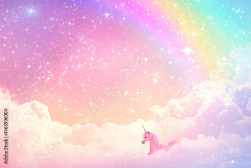 Magical pink unicorn resting on cloudscape pastel rainbow glittering stars dreamy soft light fantasy art whimsical