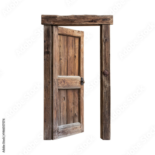 rustic wooden door stands open, framed by weathered timber, inviting exploration and evoking sense of nostalgia. natural textures and earthy tones enhance its charm and character