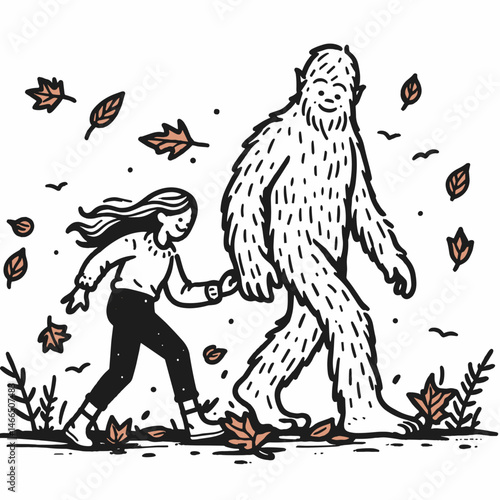Bigfoot Couple Playing with autumn leaves. Cowboy Sasquatch hairy mythical creature Clipart line art vector illustration. pair frolic amid colorful fall foliage woodland fun.