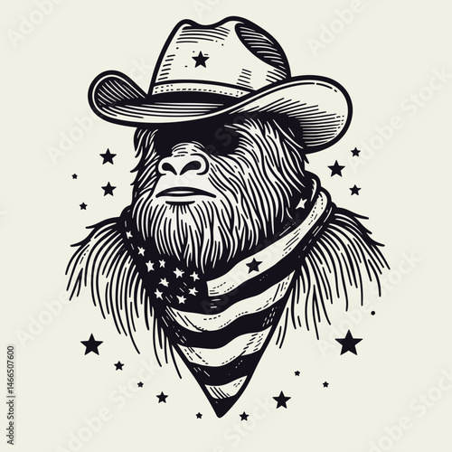 bigfoot with cowboy hat and american flag overlay scarf Astronaut. Sasquatch hairy mythical creature Clipart line art vector illustration. hominid in galactic gear sporting western headwear.