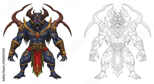 Ancient Demon with Fierce Demeanor: An awe-inspiring illustration and outline of a formidable mythical demon with a commanding presence, exhibiting intricate detail and ominous characteristics.