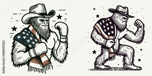 bigfoot with cowboy hat and american flag overlay scarf Boxing. Sasquatch hairy mythical creature Clipart line art vector illustration. Legendary anthropoid sporting headwear plus usa banner.