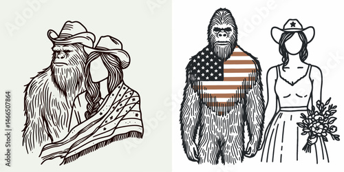 bigfoot with cowboy hat and american flag overlay scarf Bride Groom. Sasquatch hairy mythical creature Clipart line art vector illustration. Gigantic primate in western headwear nation.