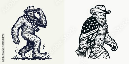 bigfoot with cowboy hat and american flag overlay scarf Cheerleader. Sasquatch hairy mythical creature Clipart line art vector illustration. Cryptid wearing stetson national banner shawl.